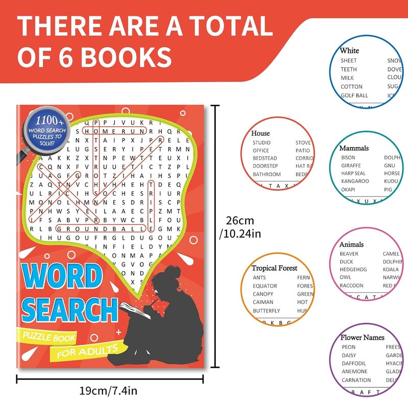 Large Print 6000+ Words Word Search Puzzle Books, Set of 6 Full Size, Brain Games, Activity Book for Adults, Teens and Seniors - Image 2